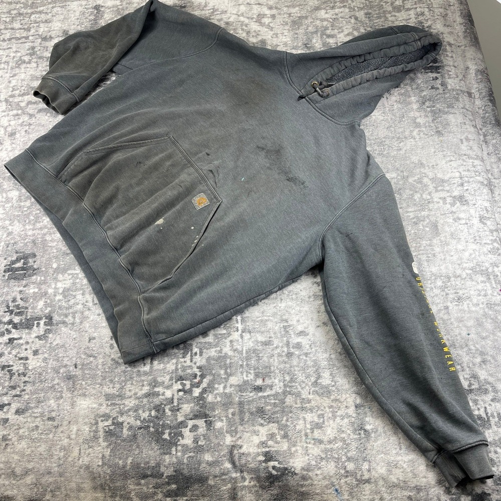 Vtg Carhartt Hoodie 2XL Grey Distressed‎ Thrashed Workwear Grunge Streetwear